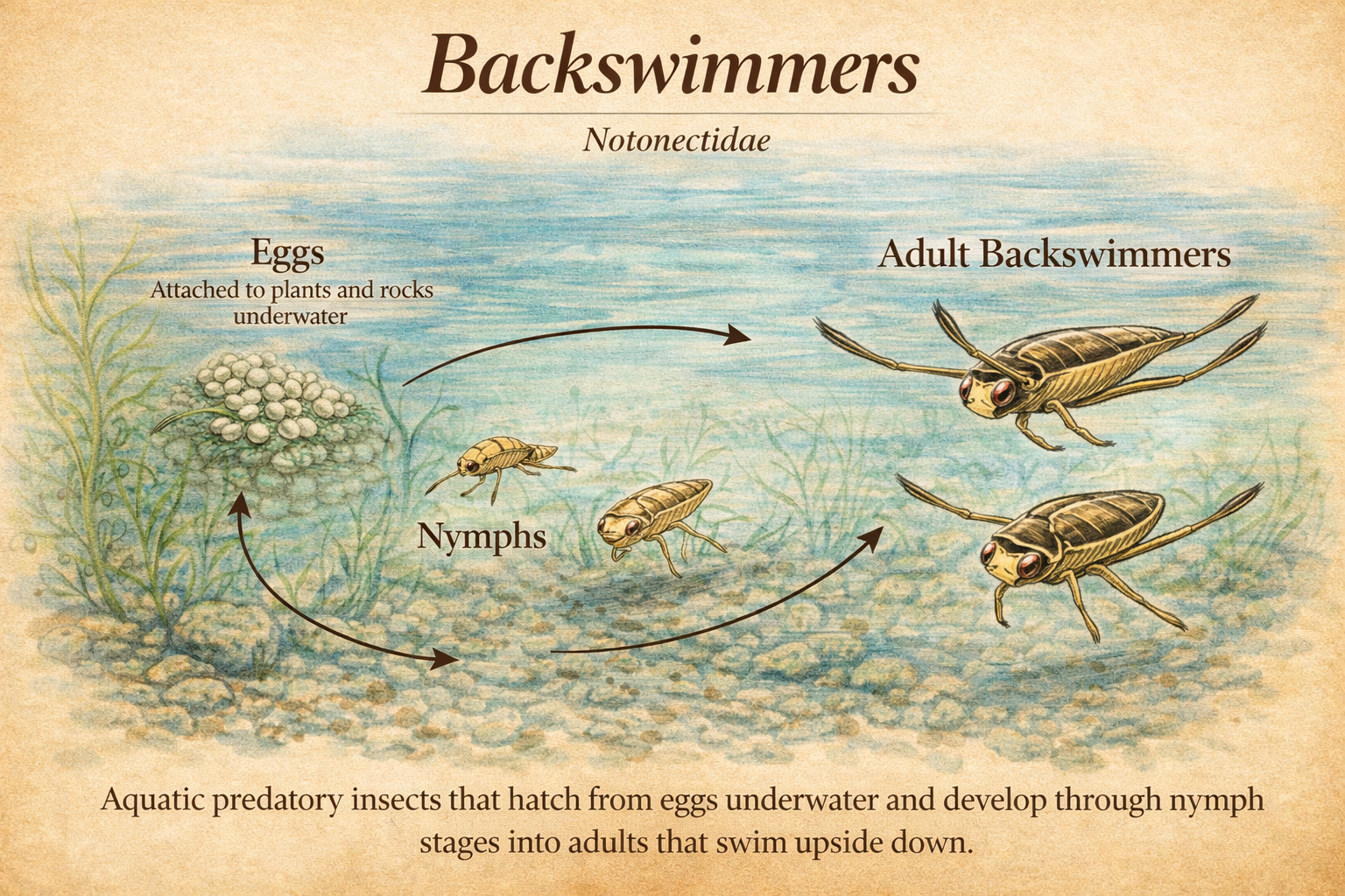 Illustrated backswimmer life cycle for stillwater fly fishing
