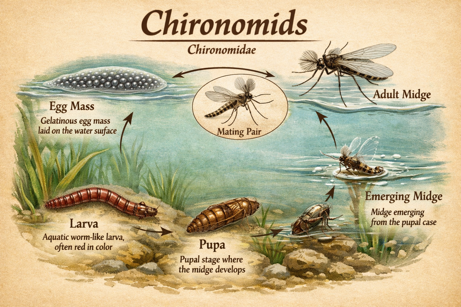 Illustrated chironomid life cycle for stillwater fly fishing