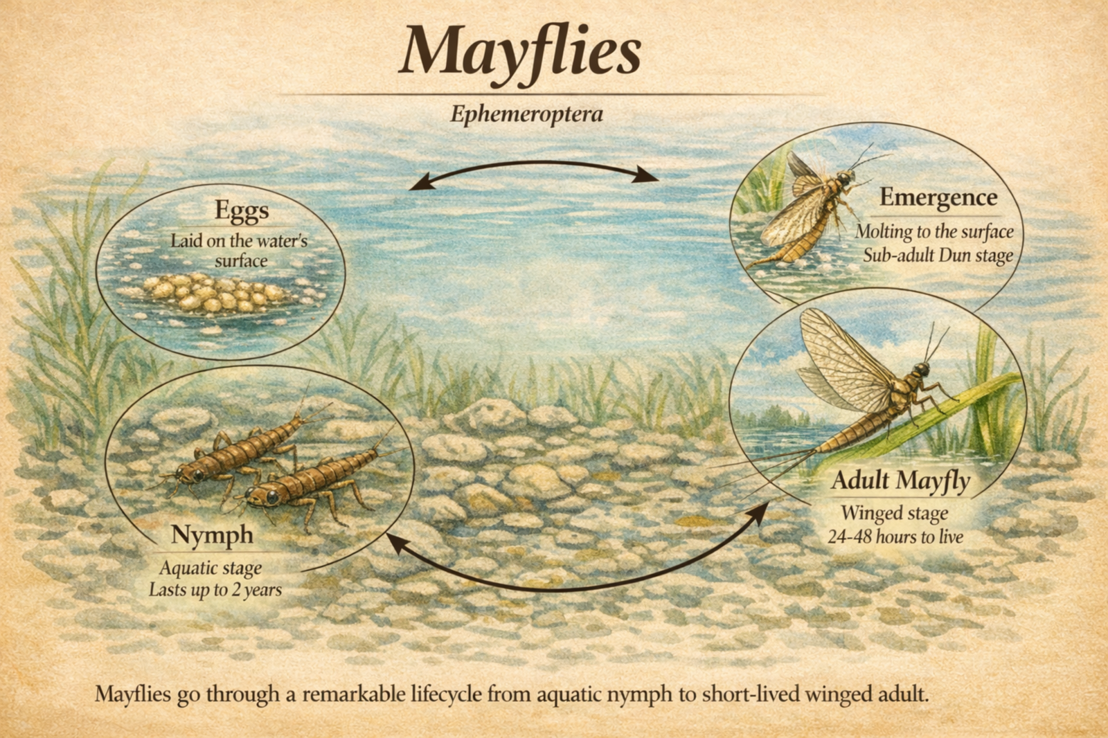 Illustrated mayfly life cycle for stillwater fly fishing