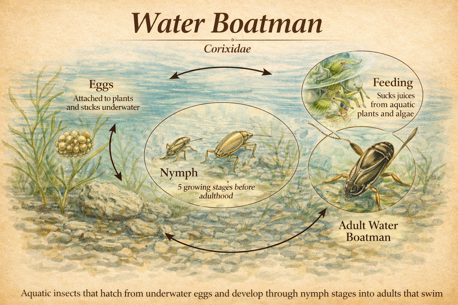 Illustrated water boatman life cycle for stillwater fly fishing