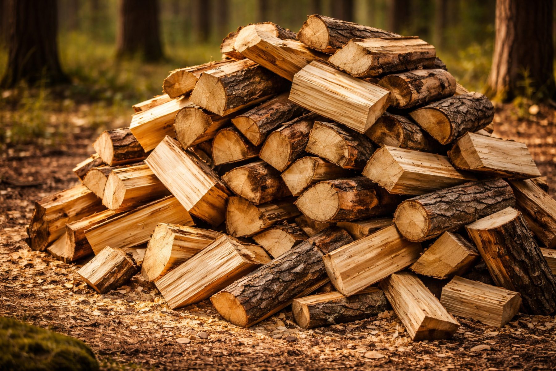 Campfire and woodpile beside stillwater camp